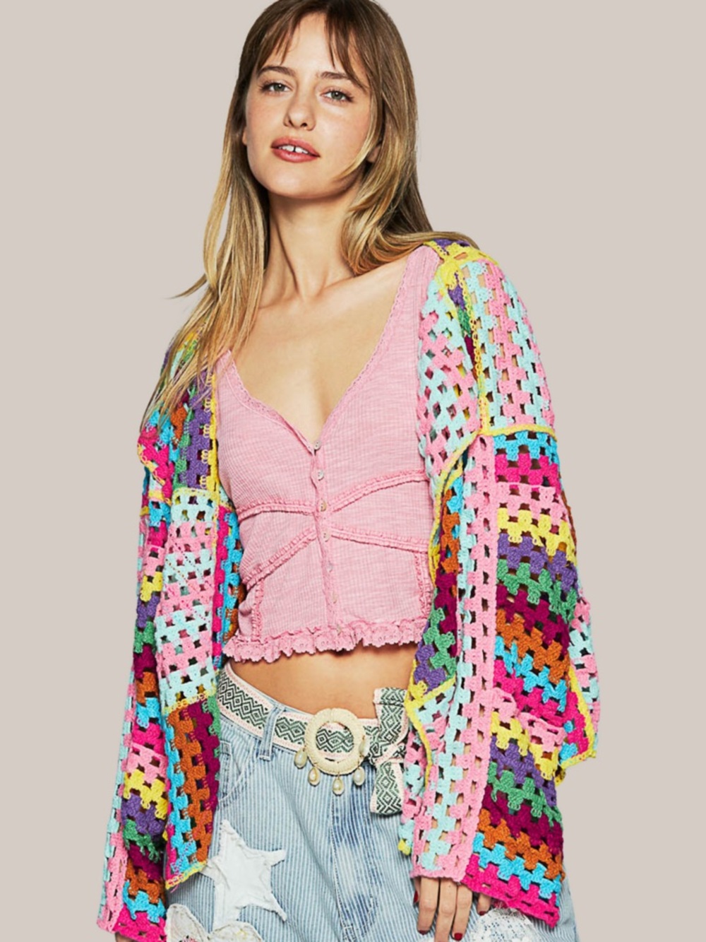 Colorful Crochet Open Cardigan - Multicolor